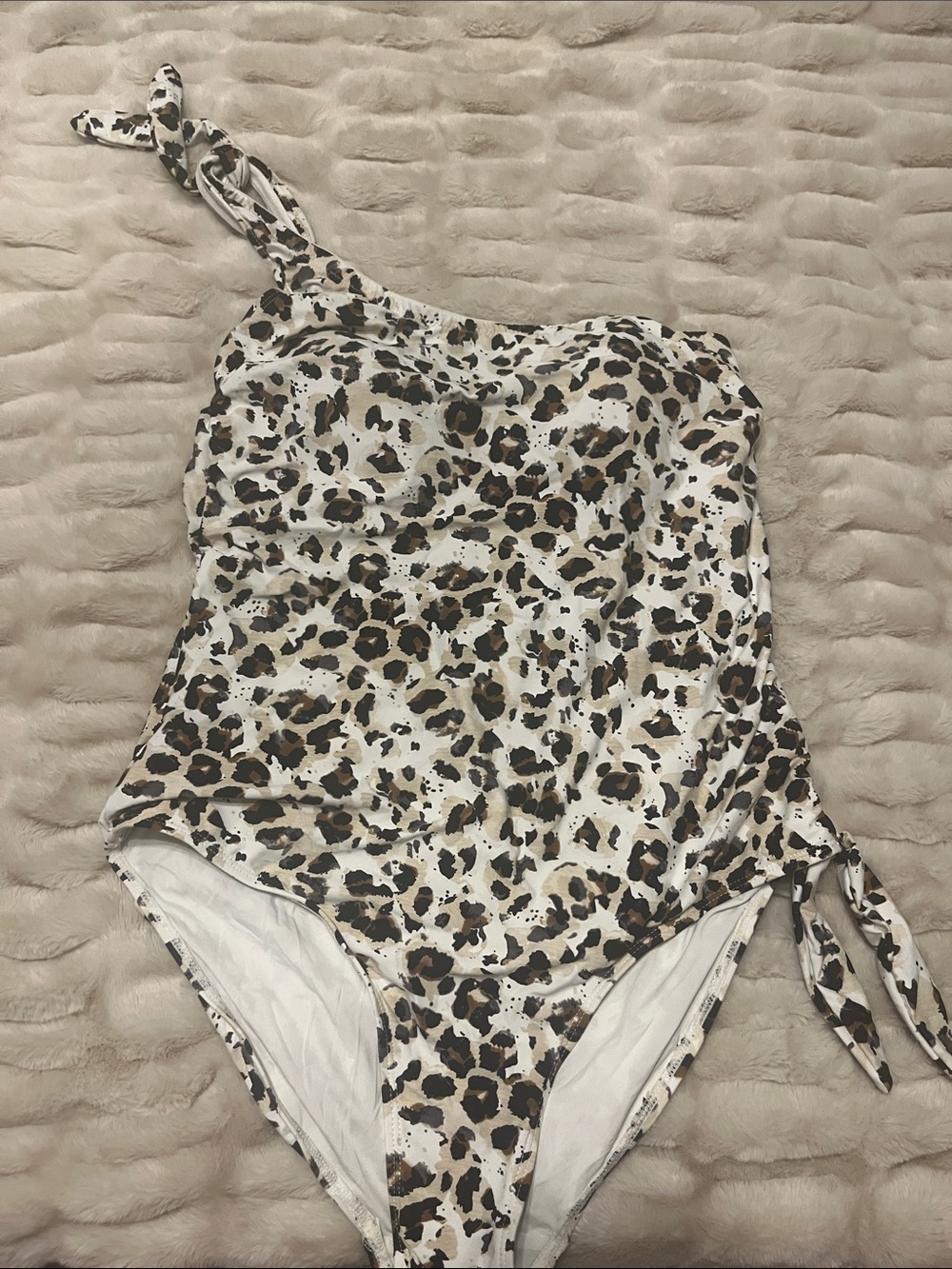 Nip Tuck Swim One-Shoulder Leopard Print Swimsuit in White, Brown & Black